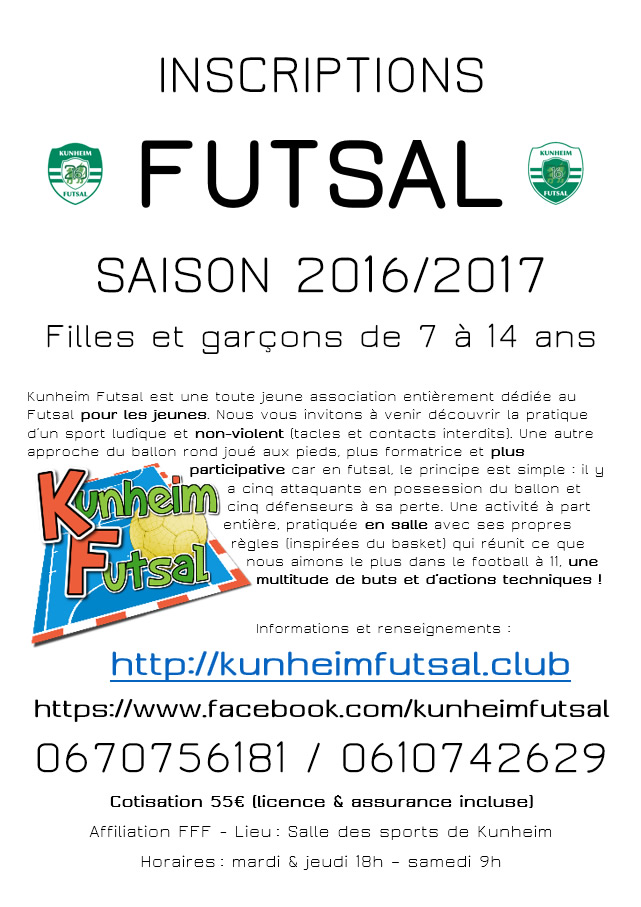 Kunheim Futsal inscription 2016-2017